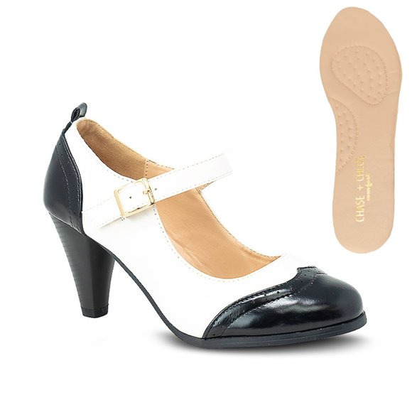 Chase & Chloe Dora-2 Women's Round Toe Two Tone Mary Jane Pumps - Picture 2 of 5